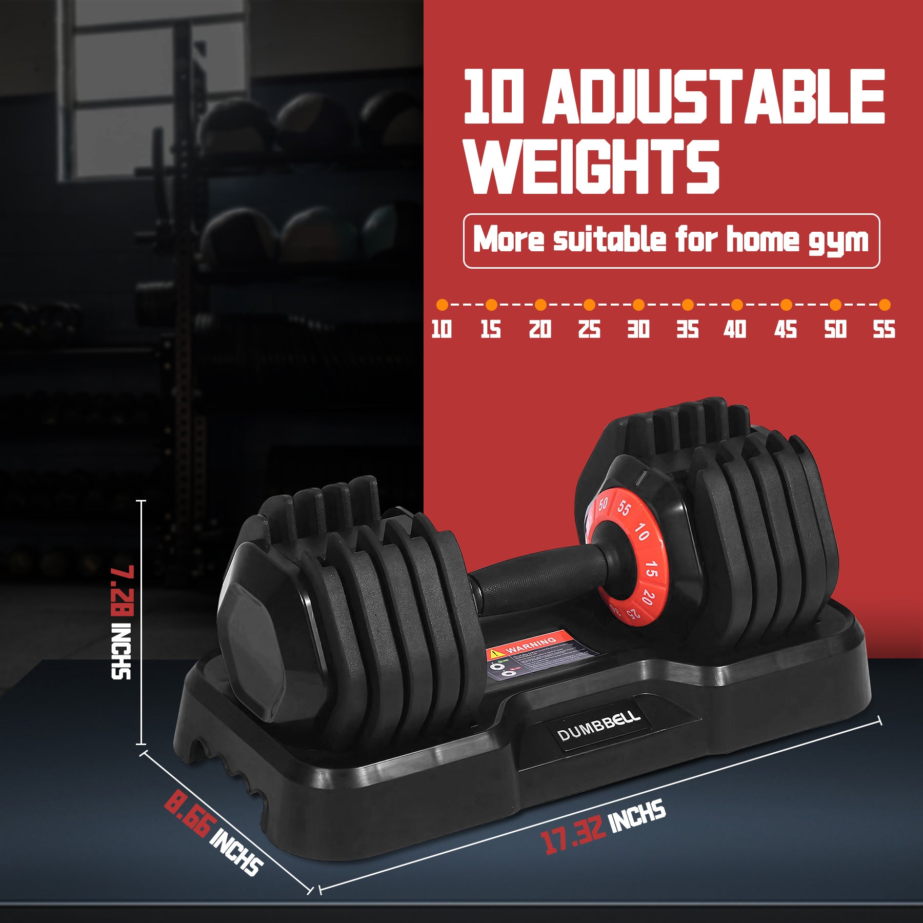 Adjustable 10-in-1 Weight Training dumbbells, 55 lb Max, Anti-Slip Handle, 1 Pair (2 pcs)