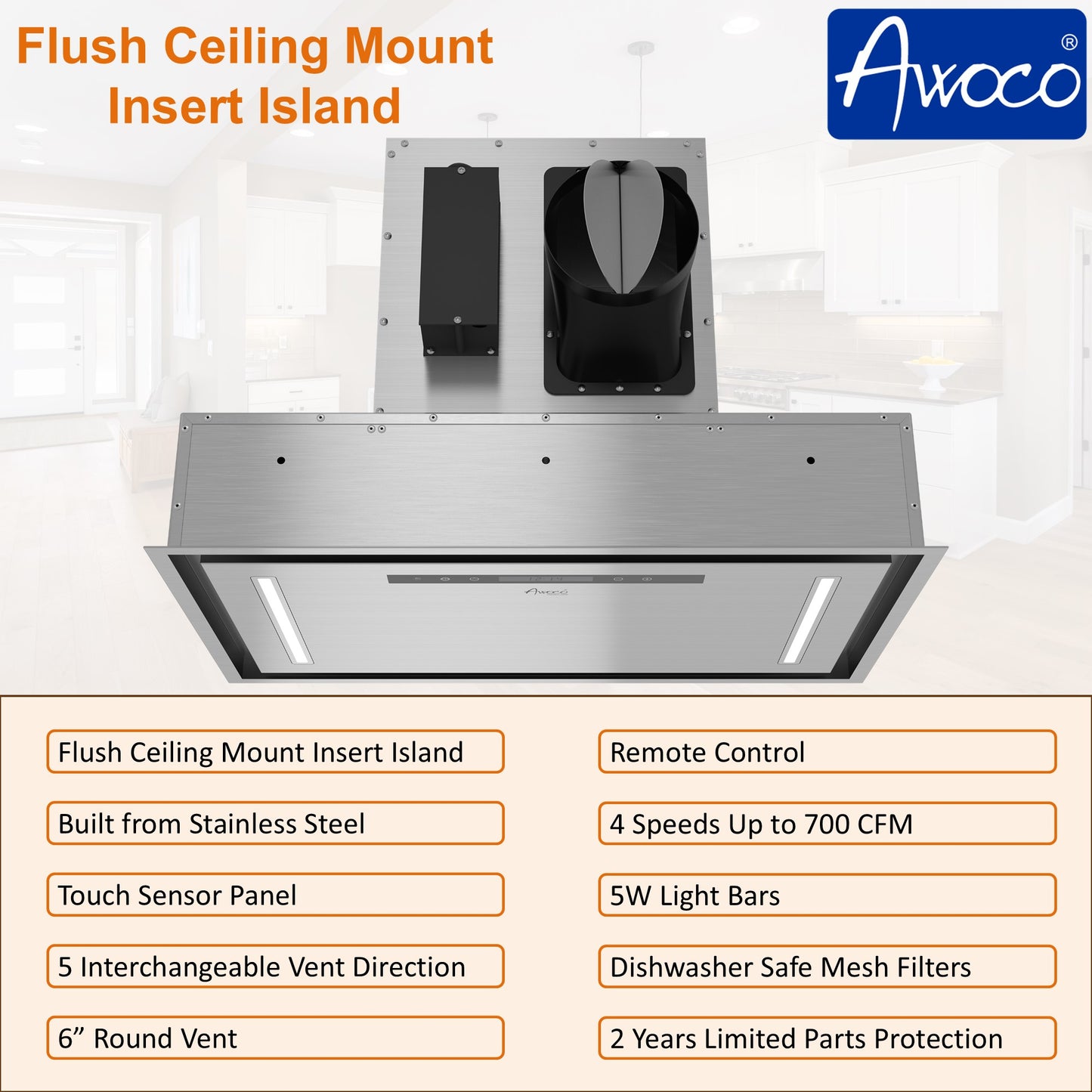 [Scratch] Awoco RH-BQ-CR30 30" Flush Ceiling Mount Insert Island Range Hood, Stainless Steel 4 Speeds 700 CFM, 6” Round Vent LED Lights Remote Control