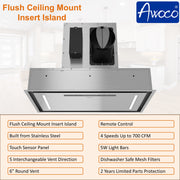 [Scratch] Awoco RH-BQ-CR30 30" Flush Ceiling Mount Insert Island Range Hood, Stainless Steel 4 Speeds 700 CFM, 6” Round Vent LED Lights Remote Control