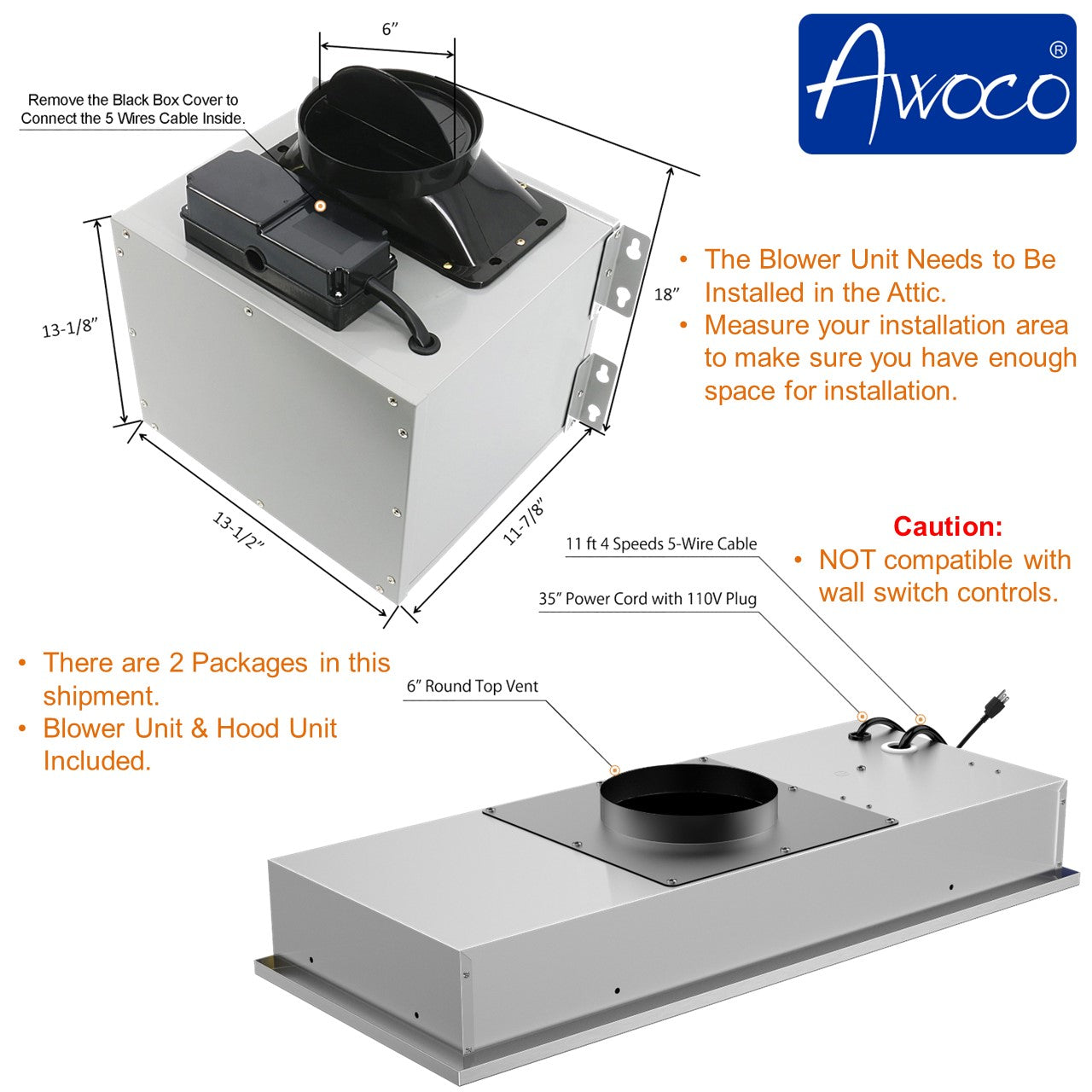[Used] Awoco RH-IT06-R36 Ceiling Mount 14-1/2”D Super Quiet Split Stainless Steel Range Hood, 4-Speed, 800 CFM, Mesh Filters, Remote Control with 6” Blower