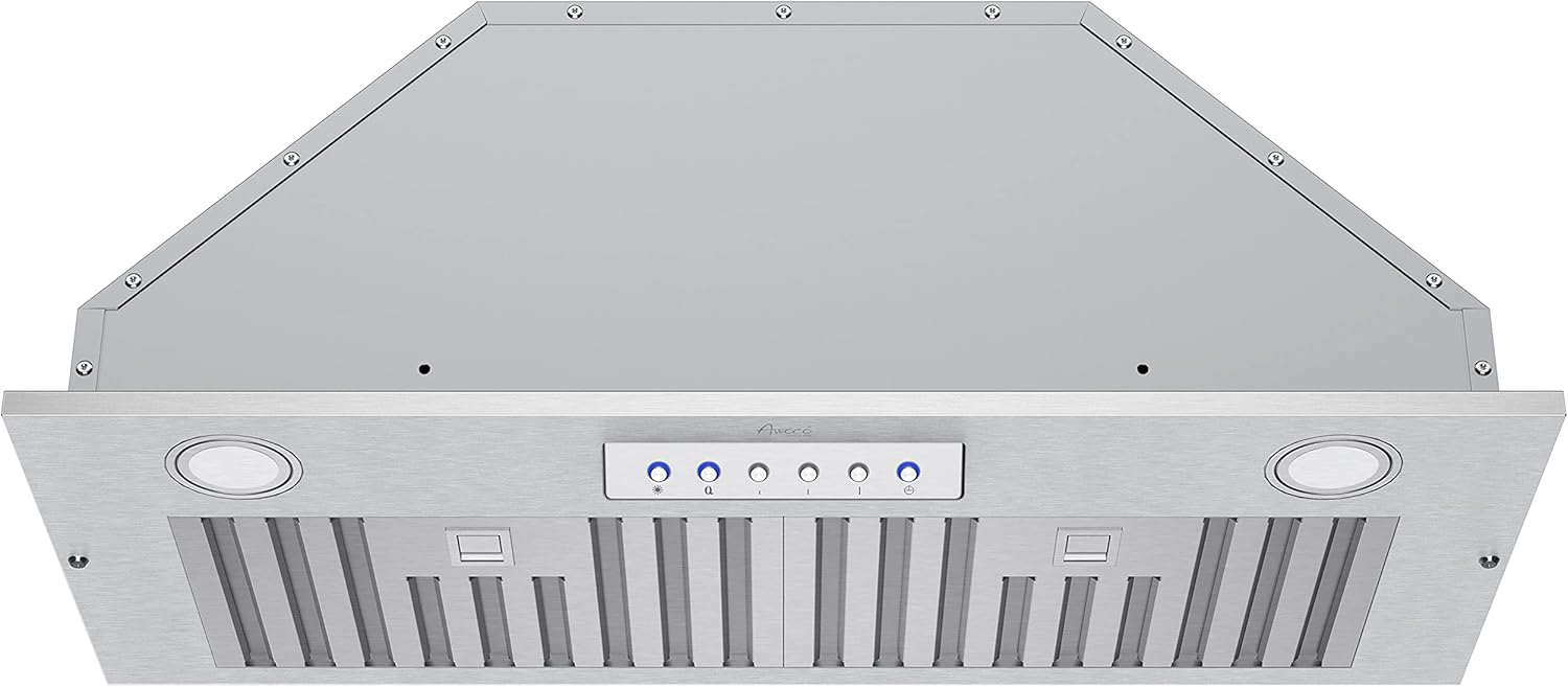 [Used] Awoco 11-3/4"D Built-in/Insert Stainless Steel Range Hood, 4-Speed, 600 CFM, LED Lights, Baffle Filters for Wood Hood (28"W 12"D Baffle Filters)