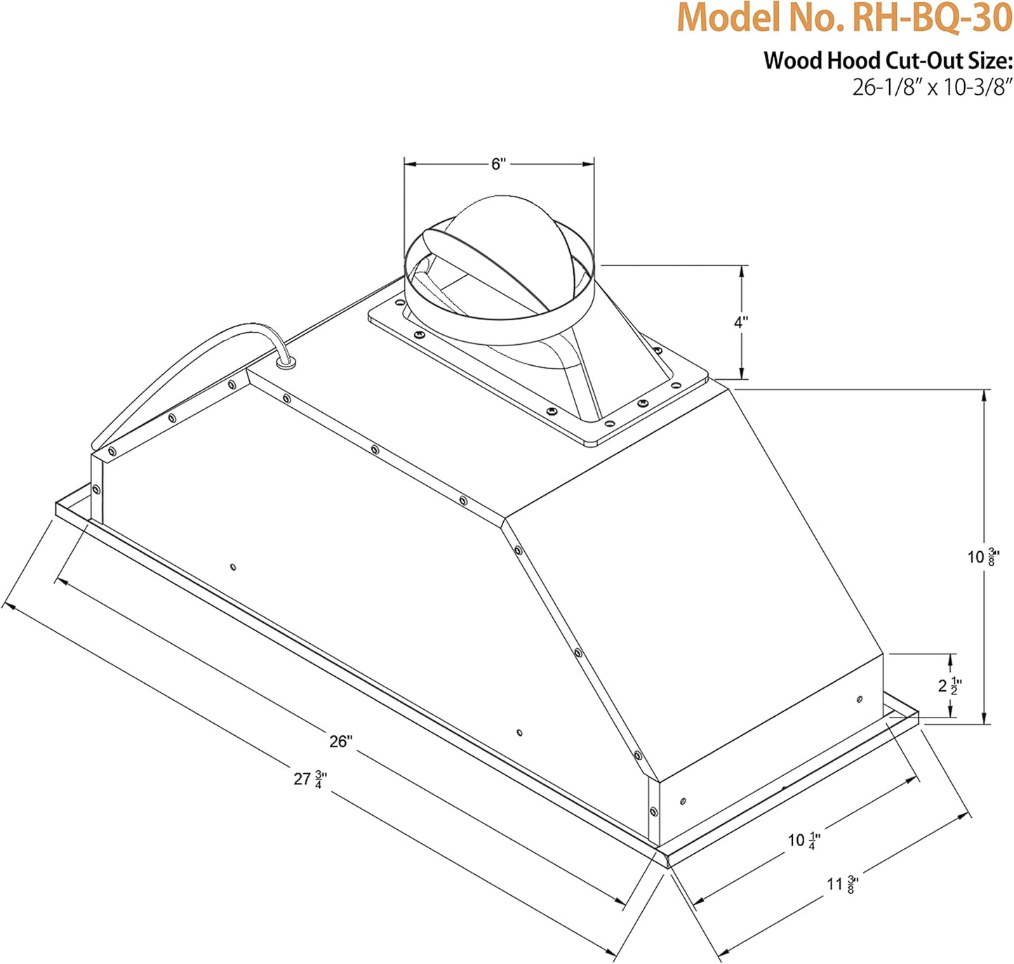 [Used] Awoco 11-3/4"D Built-in/Insert Stainless Steel Range Hood, 4-Speed, 600 CFM, LED Lights, Baffle Filters for Wood Hood (28"W 12"D Baffle Filters)