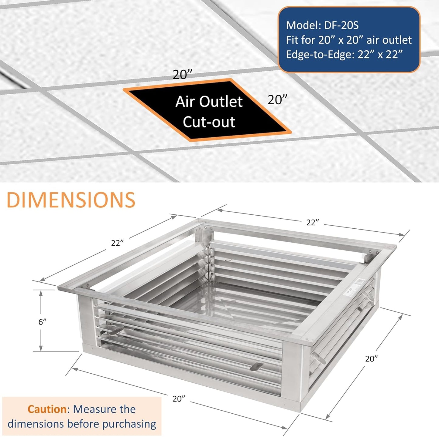 [Refurbished] GSW DF-20S 20” Stainless Steel 4-Way Adjustable Air Diffuser for Evaporative Swamp Cooler, 22” x 22" Mounting Edge (20"x20"x6")