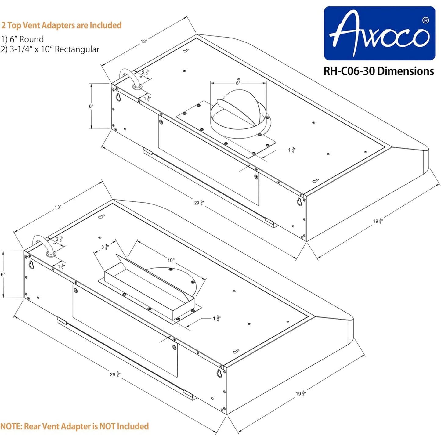 [Used] Awoco RH-C06-30 Classic 6" High Stainless Steel Under Cabinet 4 Speeds 900CFM Range Hood with 2 LED Lights Top Vent (30"W Top Vent)