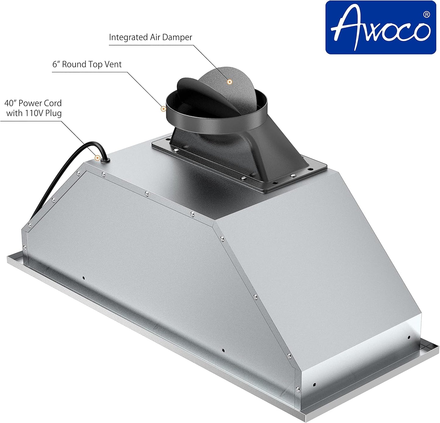 [Used] Awoco 11-3/4"D Built-in/Insert Stainless Steel Range Hood, 4-Speed, 600 CFM, LED Lights, Baffle Filters for Wood Hood (28"W 12"D Baffle Filters)