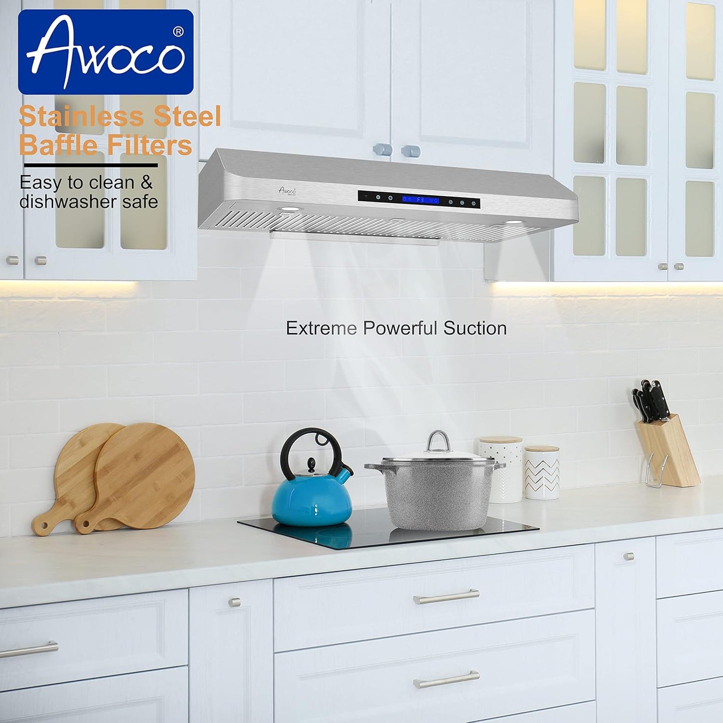 [Dent] Awoco RH-C06-A42 Classic 6” High 1mm Thick Stainless Steel Under Cabinet 4 Speeds 900 CFM Range Hood with 2 LED Lights & 2 Levels of Lighting (42"W All-In-One)
