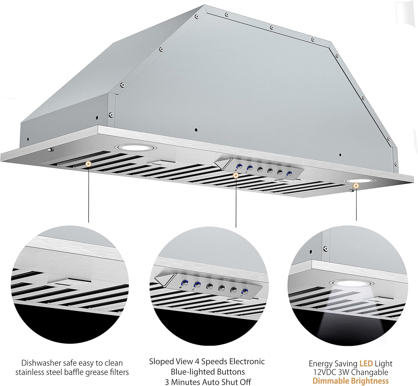 [Used] Awoco 11-3/4"D Built-in/Insert Stainless Steel Range Hood, 4-Speed, 600 CFM, LED Lights, Baffle Filters for Wood Hood (28"W 12"D Baffle Filters)