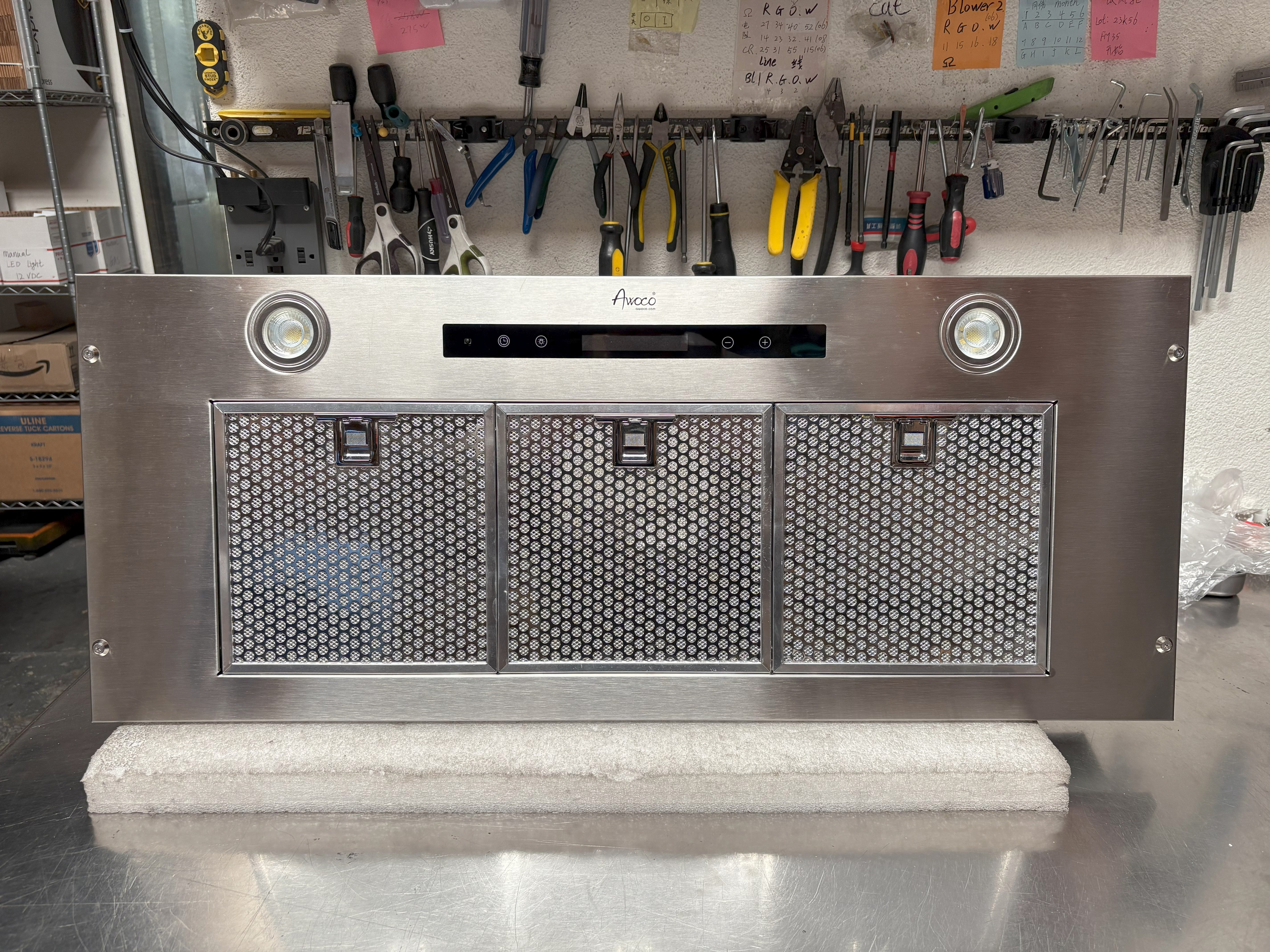 [Used] Awoco RH-IT06-R36 Ceiling Mount 14-1/2”D Super Quiet Split Stainless Steel Range Hood, 4-Speed, 800 CFM, Mesh Filters, Remote Control with 6” Blower