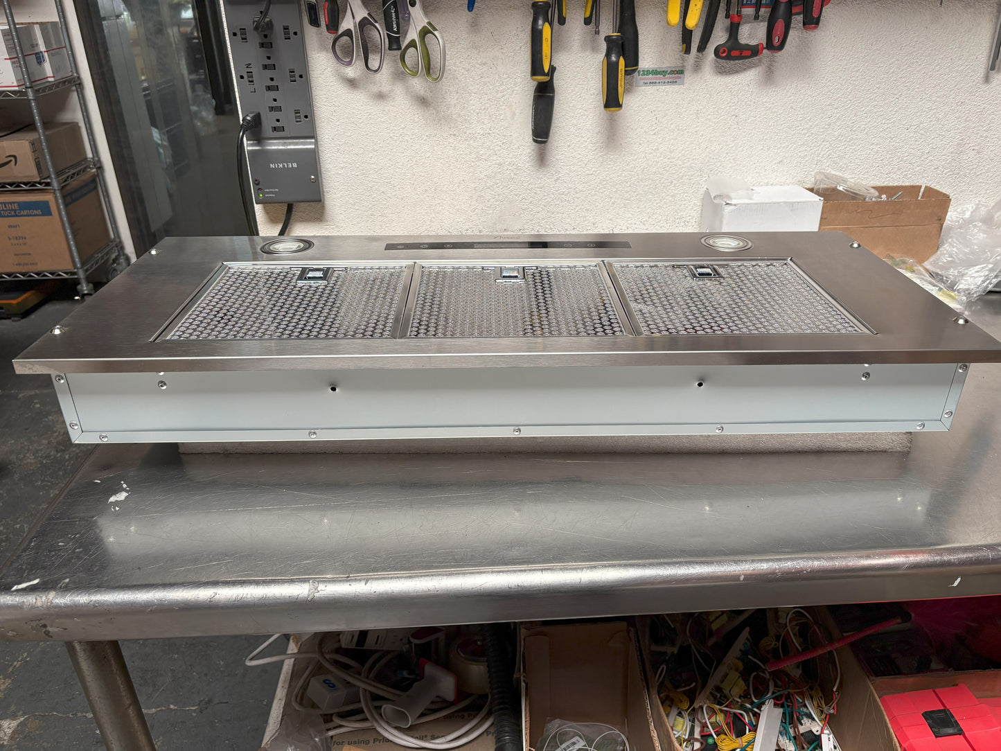 [Used] Awoco RH-IT06-R36 Ceiling Mount 14-1/2”D Super Quiet Split Stainless Steel Range Hood, 4-Speed, 800 CFM, Mesh Filters, Remote Control with 6” Blower