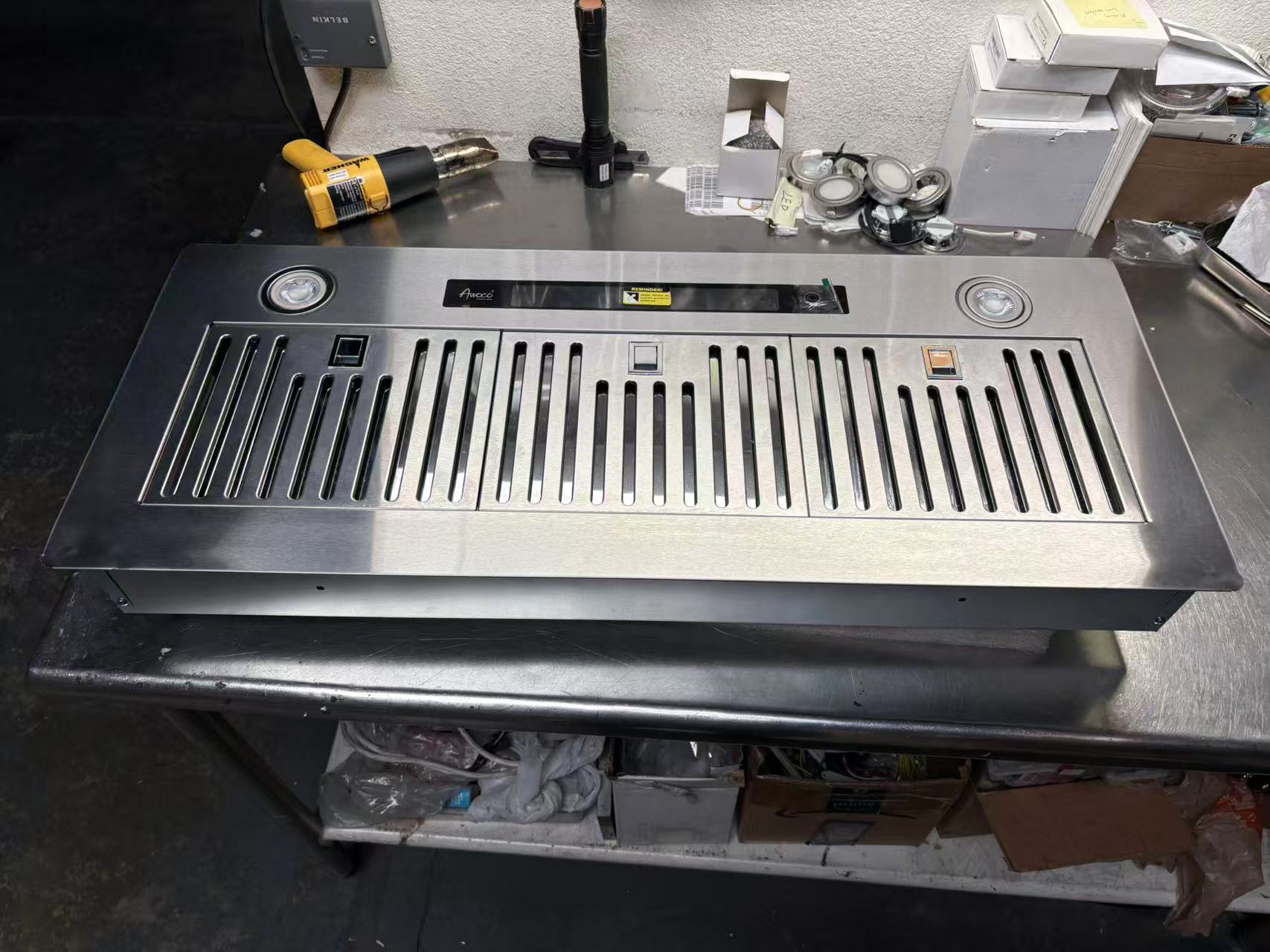 [Bent] Awoco RH-IT06-V36 Ceiling Insert Mount Split Quiet Range Hood with Voice, Gesture, Touch, Remote Control, 800 CFM Kitchen Hood with 4-Speed Exhaust Fan, Stainless Steel Stove Hood with 6" Blower, LED Lights