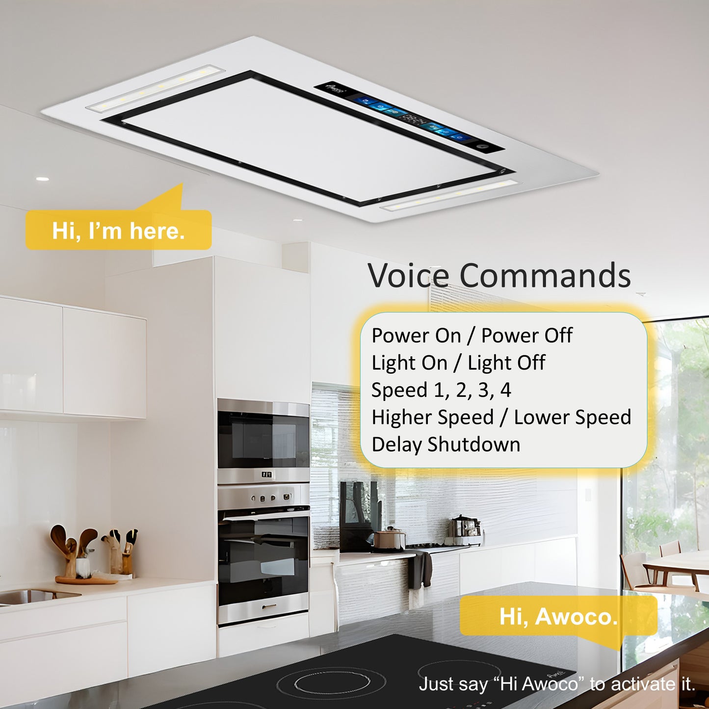 [Dent] Awoco AWC-RH-IT06-GV36 Flush Ceiling Mount Split Insert Range Hood with Voice, Gesture, Touch, Remote Controls, 4-Speed 800 CFM Stainless Steel Hood with 6” Round Vent LED Lights