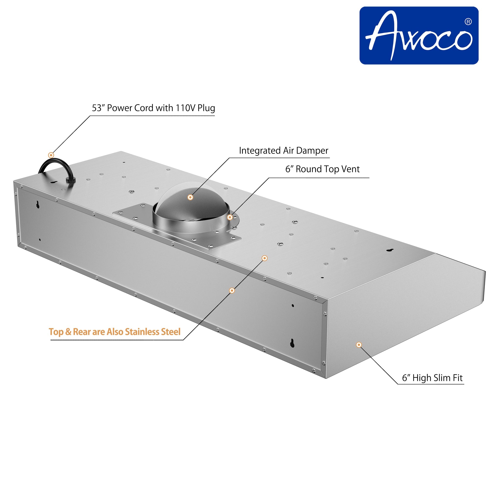 [Like New] Awoco RH-C06-30 Classic 6" High 1mm Thick Stainless Steel Under Cabinet 4 Speeds 900CFM Range Hood with 2 LED Lights, 6" Round Top Vent (30"W Round Vent)