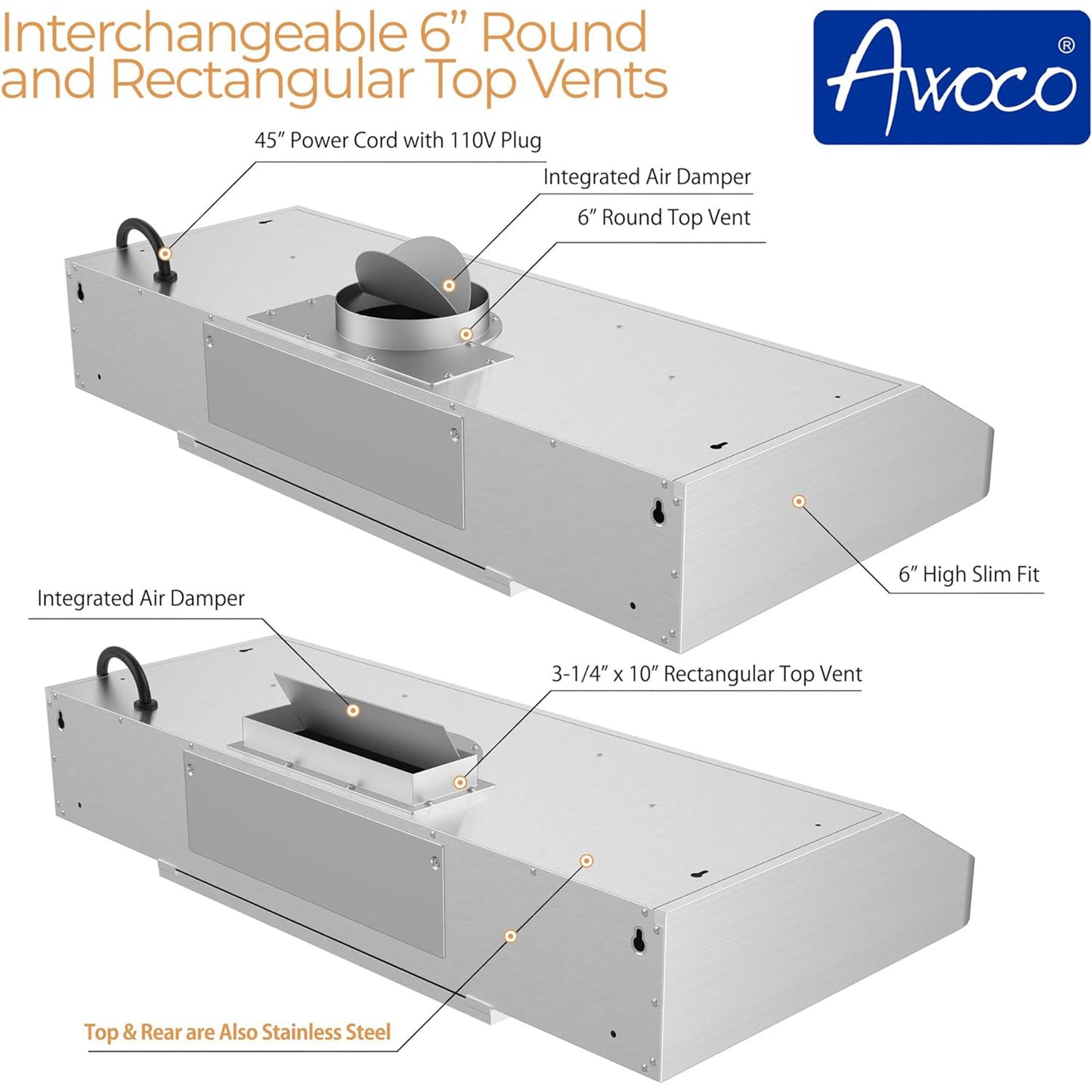 [Dent & Scratch] Awoco RH-C06-42 Classic 6" High 1mm Thick Stainless Steel Under Cabinet 4 Speeds 900CFM Range Hood with 2 LED Lights, 6" Round Top Vent (42"W Round Vent)