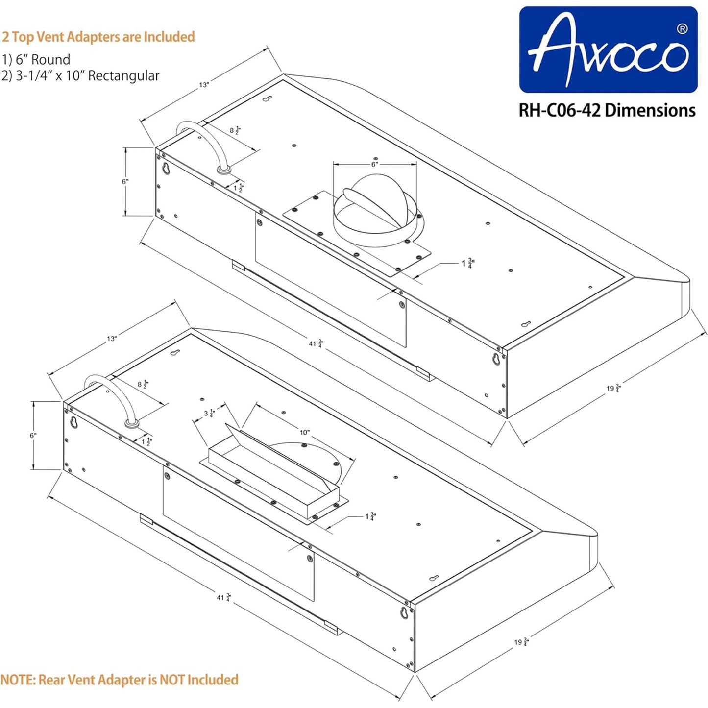 [Used] Awoco RH-C06-42 Classic 6" High 1mm Thick Stainless Steel Under Cabinet 4 Speeds 900CFM Range Hood with 2 LED Lights, 6" Round Top Vent (42"W Round Vent)