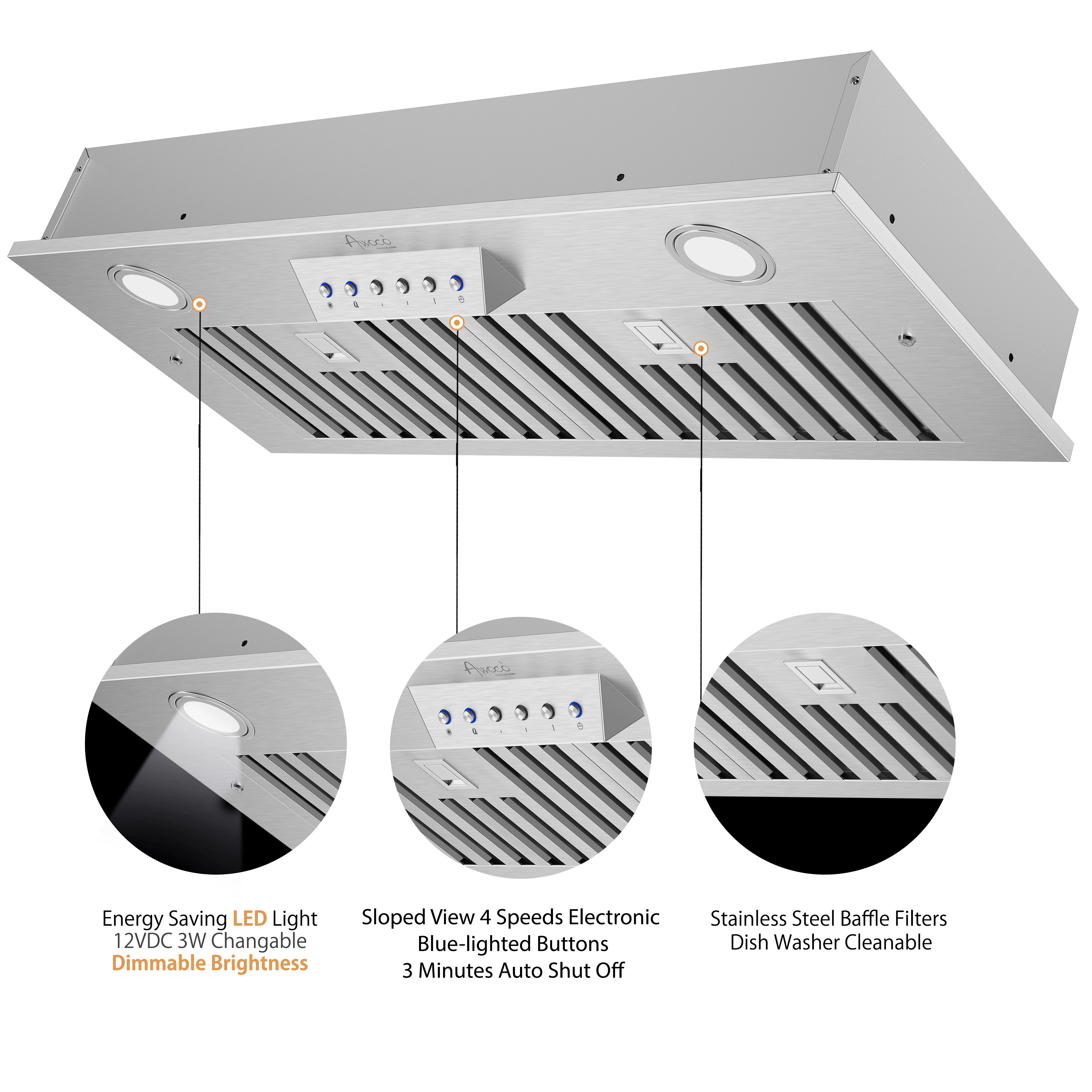 [Used] Awoco RH-IT06-36 11-3/4"D Super Quiet Split Insert Stainless Steel Range Hood, 4-Speed, 800 CFM, LED Lights, Baffle Filters with 6” Blower (36"W 6" Vent)