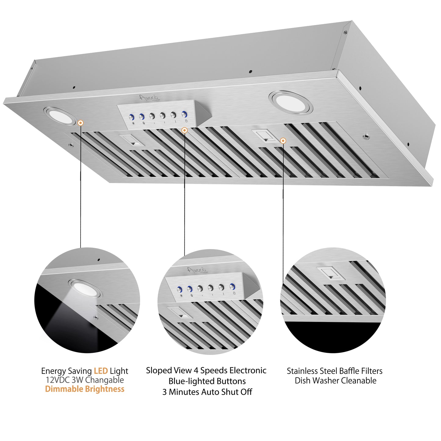 [Dent] Awoco RH-IT06-36 11-3/4"D Super Quiet Split Insert Stainless Steel Range Hood, 4-Speed, 800 CFM, LED Lights, Baffle Filters with 6” Blower (36"W 6" Vent)