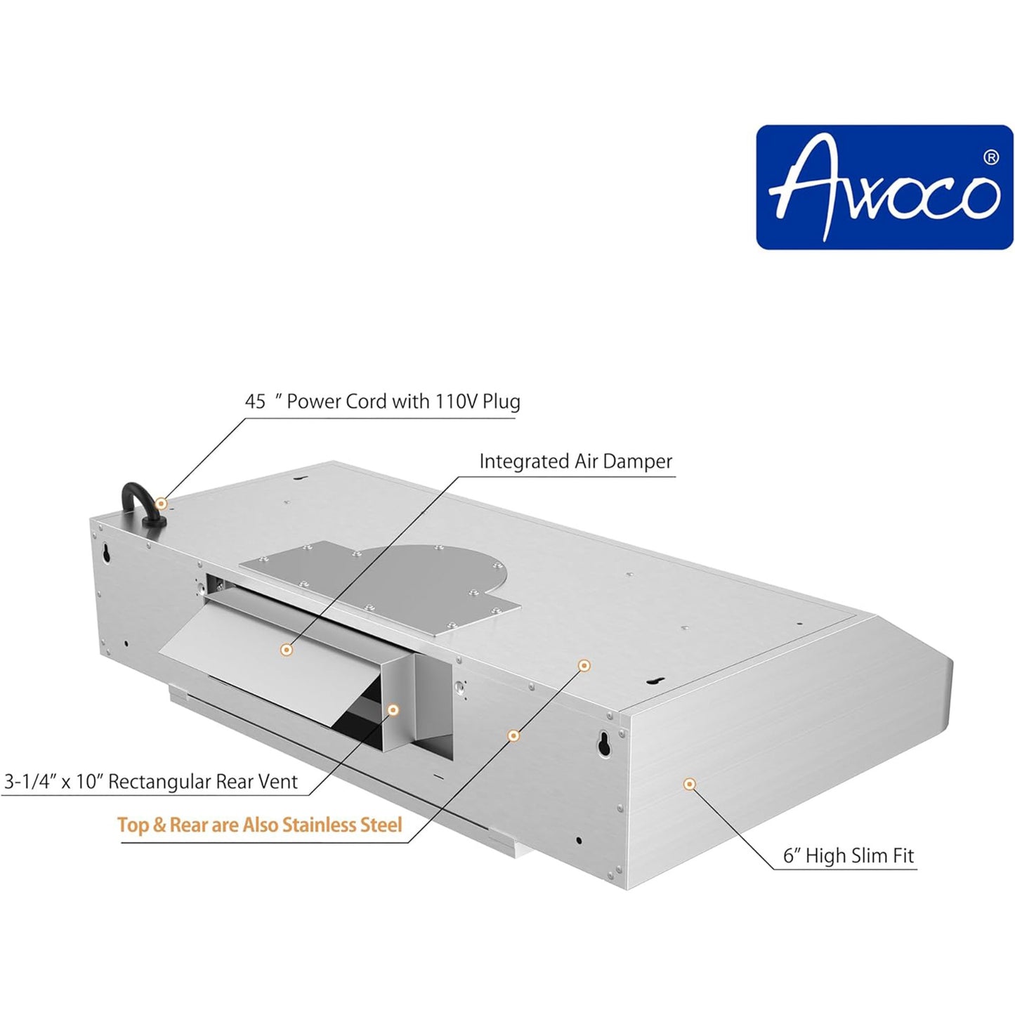 [Used] Awoco RH-R06-30 Rectangle Vent 6" High Stainless Steel Under Cabinet 4 Speeds 900CFM Range Hood with LED Lights (30"W Rear Vent)