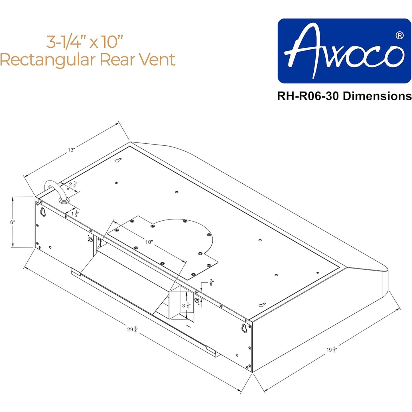 [Used] Awoco RH-R06-30 Rectangle Vent 6" High Stainless Steel Under Cabinet 4 Speeds 900CFM Range Hood with LED Lights (30"W Rear Vent)