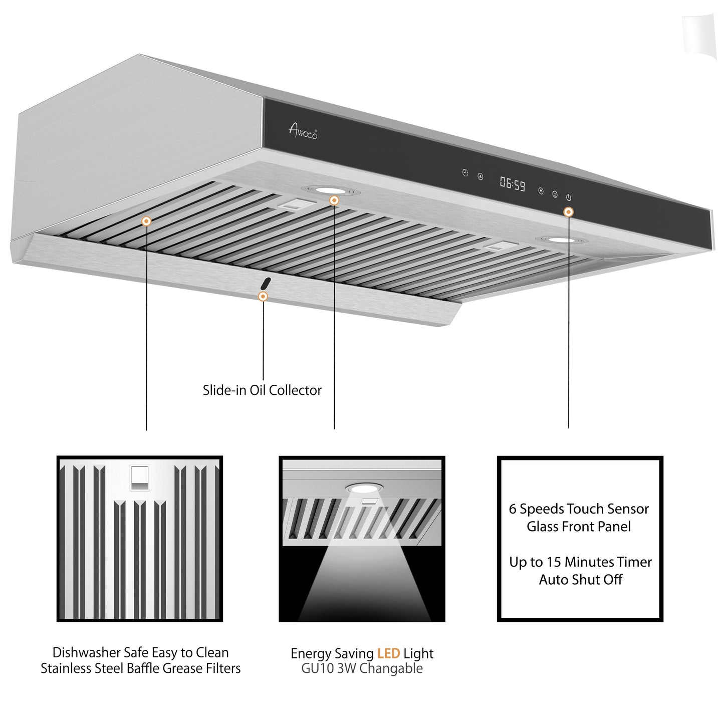 [Dent] Awoco RH-R06-G36 Stainless Steel Under Cabinet 6 Speeds 900 CFM Range Hood with Tempered Glass Touch Panel, LED Lights, Baffle Filters and Oil Collector, 7" High