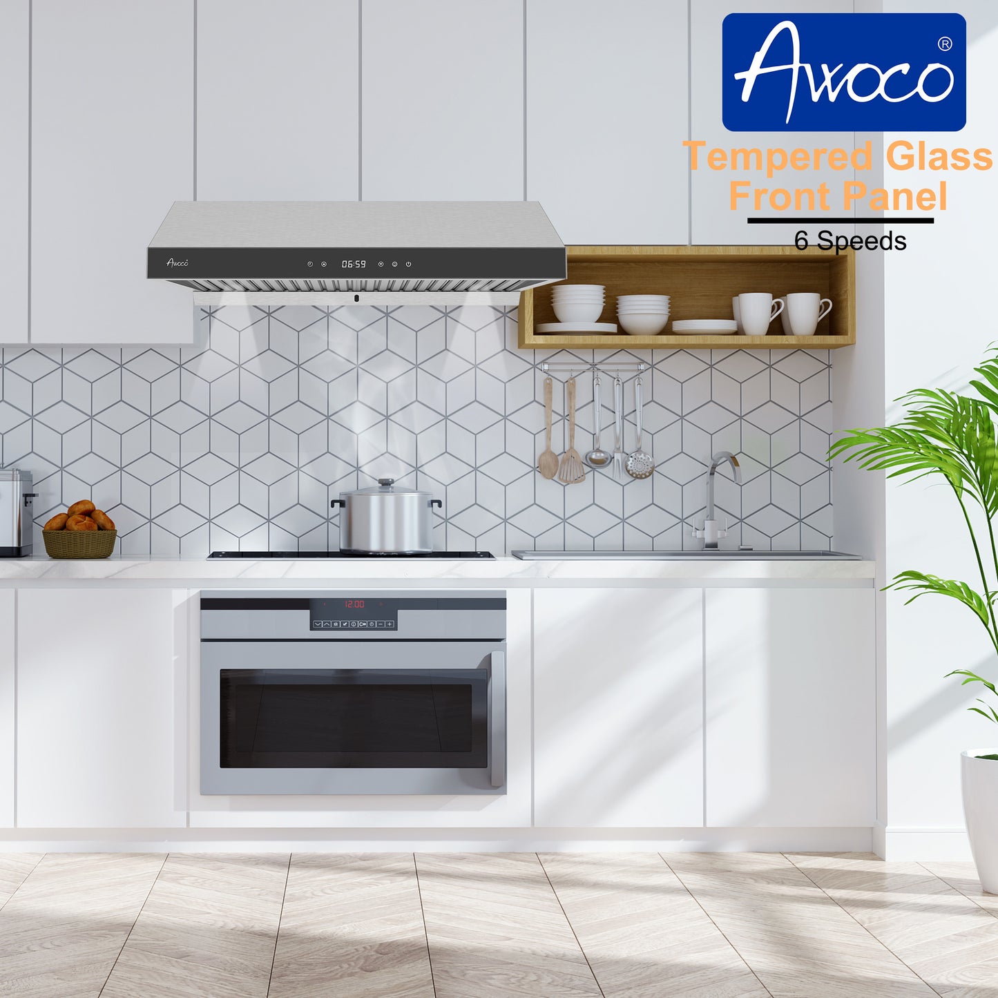 [Dent] Awoco RH-R06-G36 Stainless Steel Under Cabinet 6 Speeds 900 CFM Range Hood with Tempered Glass Touch Panel, LED Lights, Baffle Filters and Oil Collector, 7" High