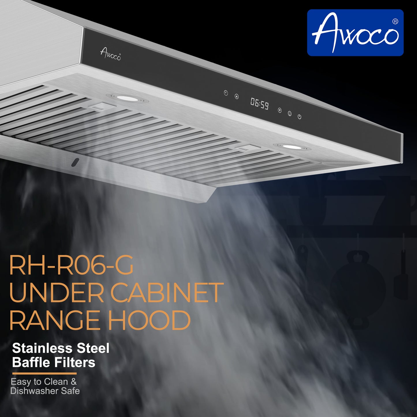 [Dent] Awoco RH-R06-G36 Stainless Steel Under Cabinet 6 Speeds 900 CFM Range Hood with Tempered Glass Touch Panel, LED Lights, Baffle Filters and Oil Collector, 7" High