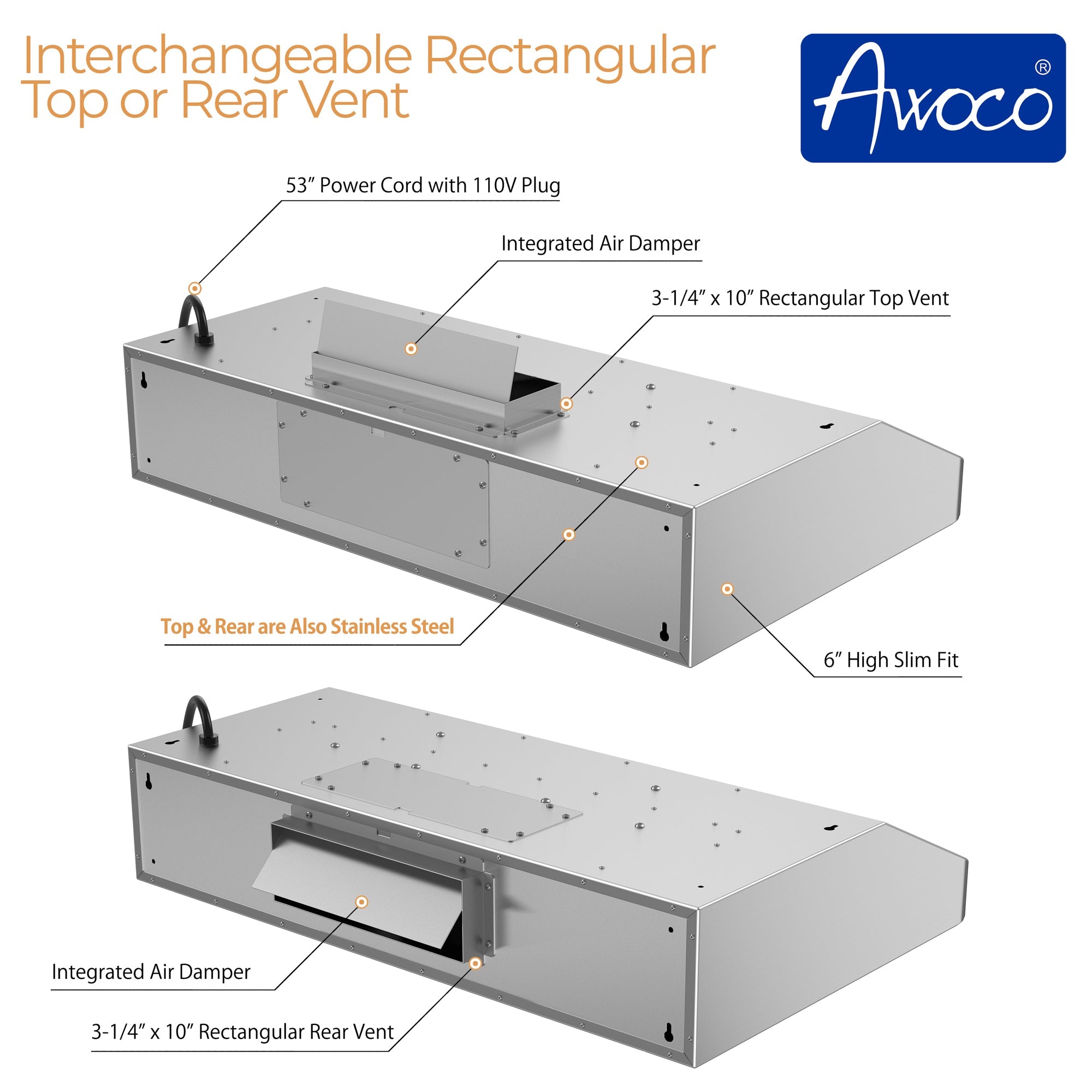 [Like New] Awoco RH-R06-30 Rectangle Vent 6" High Stainless Steel Under Cabinet 4 Speeds 900CFM Range Hood with LED Lights (30"W Rectangle Vent)