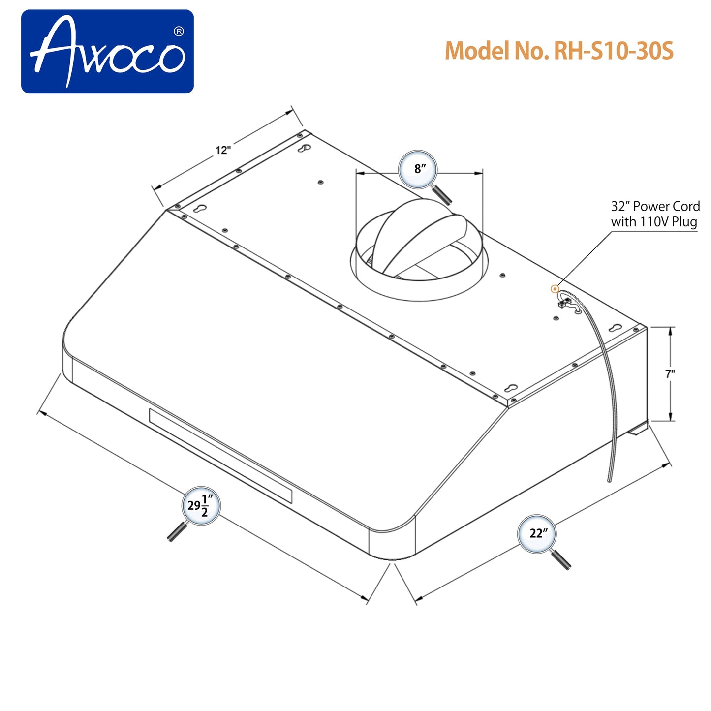 [Used] Awoco RH-S10-30S Under Cabinet Supreme 7” High Stainless Steel Range Hood, 4 Speeds, 8” Round Top Vent, 1000CFM, with Remote Control