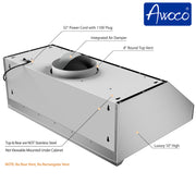 [Dent] Awoco RH-S10-30E Supreme 10” High Stainless Steel Under Cabinet Range Hood 4 Speeds, 8” Round Top Vent, 1000CFM 2 LED Lights, Remote Control & External Oil Collector (30”W)