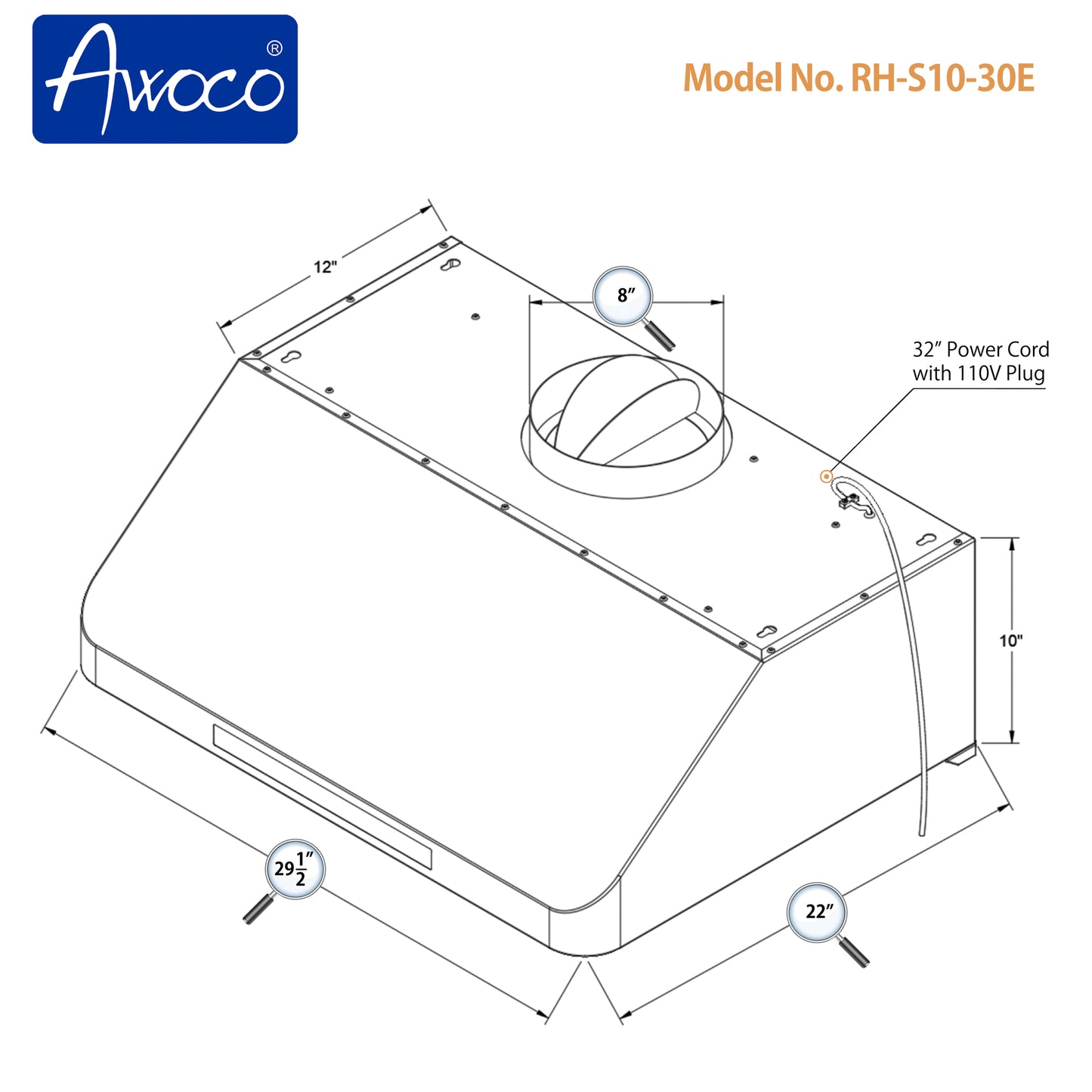 [Curve] Awoco RH-S10-30E Supreme 10” High Stainless Steel Under Cabinet Range Hood 4 Speeds, 8” Round Top Vent, 1000CFM 2 LED Lights, Remote Control & External Oil Collector (30”W)