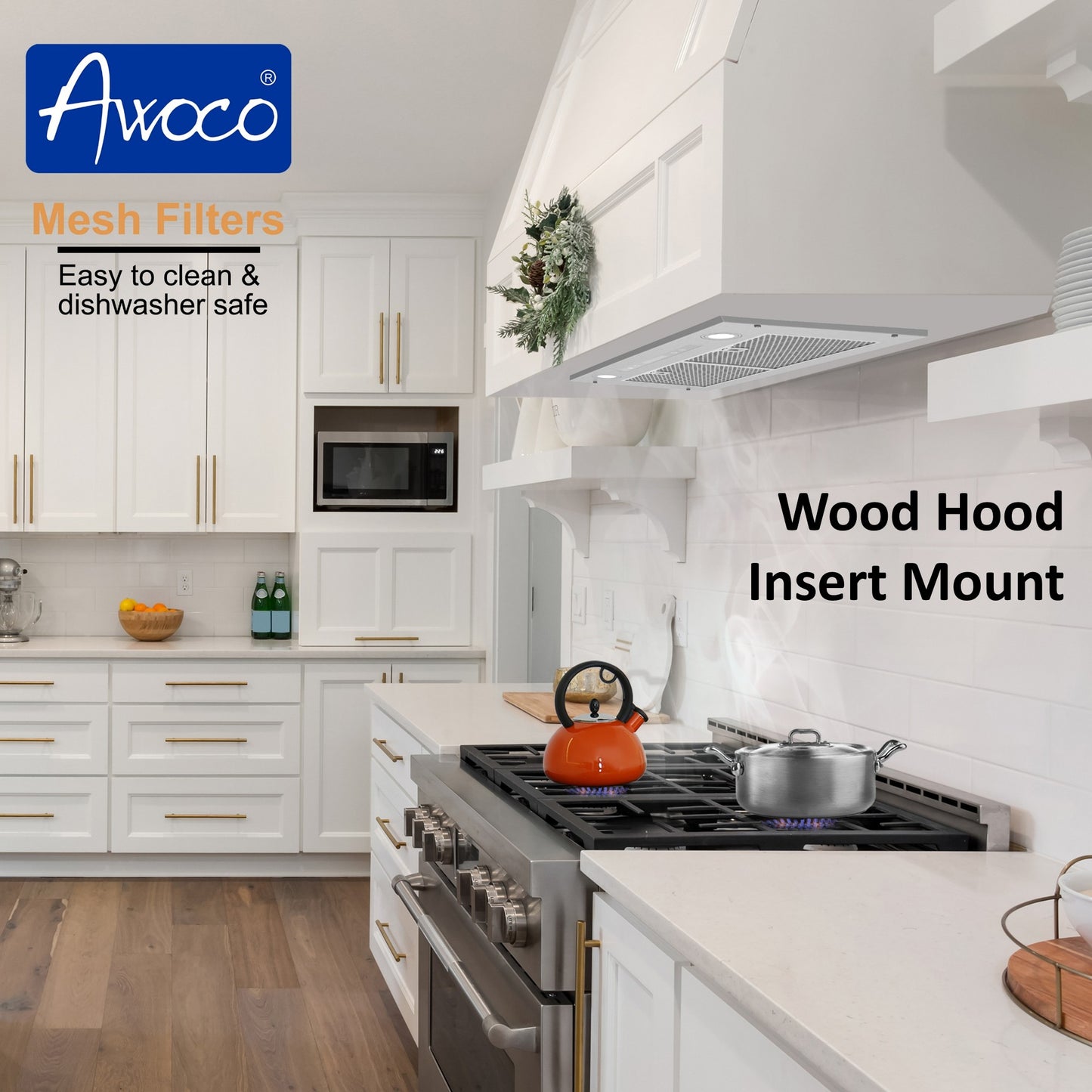 [Used] Awoco RH-IT06-R36 Ceiling Mount 14-1/2”D Super Quiet Split Stainless Steel Range Hood, 4-Speed, 800 CFM, Mesh Filters, Remote Control with 6” Blower