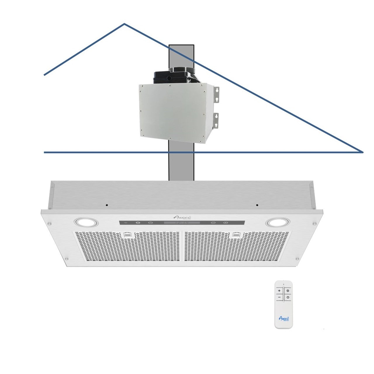 [Refurbished] Awoco RH-IT06-R Ceiling Mount 14-1/2”D Super Quiet Split Stainless Steel Range Hood, 4-Speed, 800 CFM, Mesh Filters, Remote Control with 6” Blower