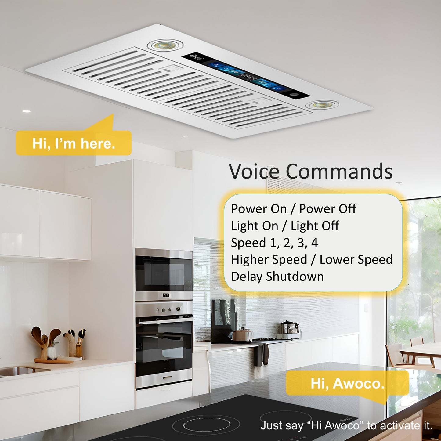 [Bent] Awoco RH-IT06-V36 Ceiling Insert Mount Split Quiet Range Hood with Voice, Gesture, Touch, Remote Control, 800 CFM Kitchen Hood with 4-Speed Exhaust Fan, Stainless Steel Stove Hood with 6" Blower, LED Lights