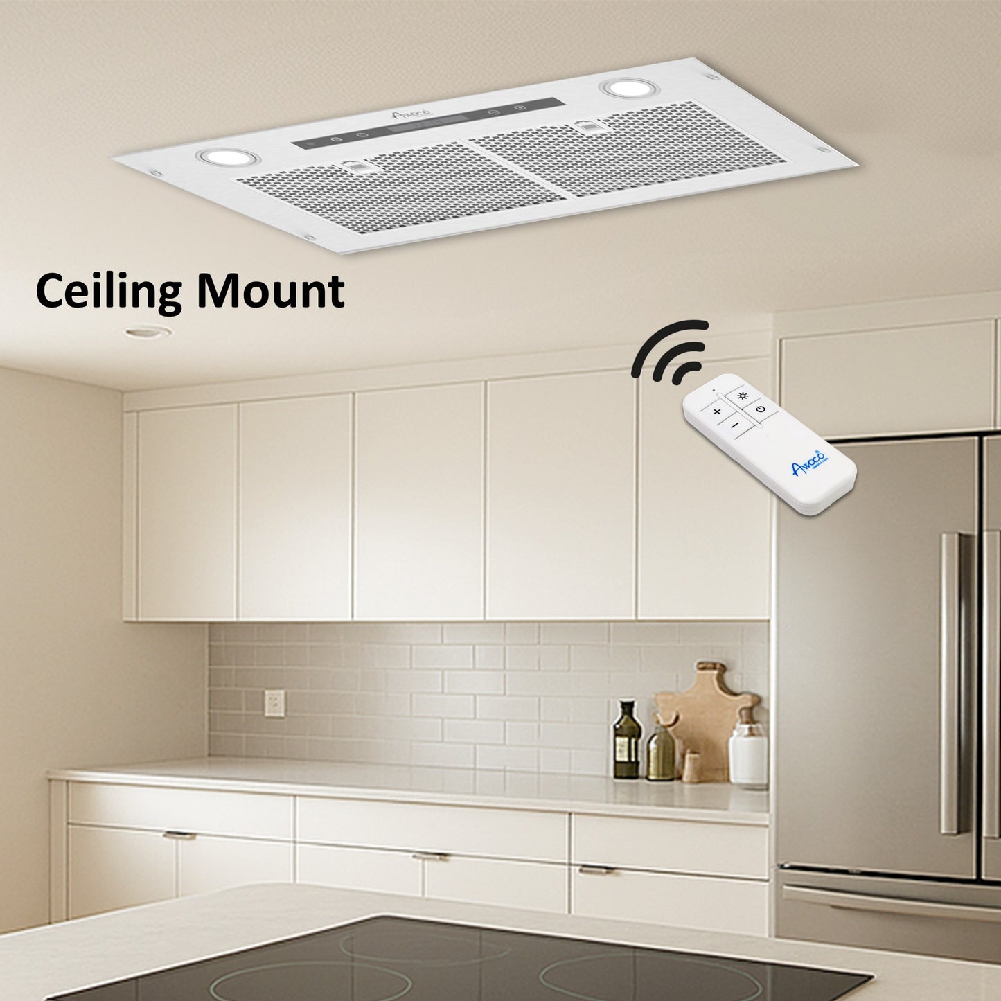 [Used] Awoco RH-IT06-R36 Ceiling Mount 14-1/2”D Super Quiet Split Stainless Steel Range Hood, 4-Speed, 800 CFM, Mesh Filters, Remote Control with 6” Blower
