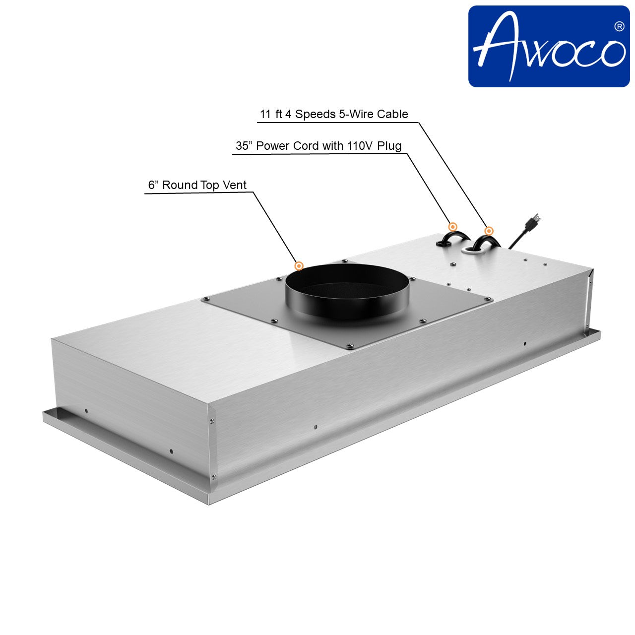 [Used] Awoco RH-IT06-R36 Ceiling Mount 14-1/2”D Super Quiet Split Stainless Steel Range Hood, 4-Speed, 800 CFM, Mesh Filters, Remote Control with 6” Blower
