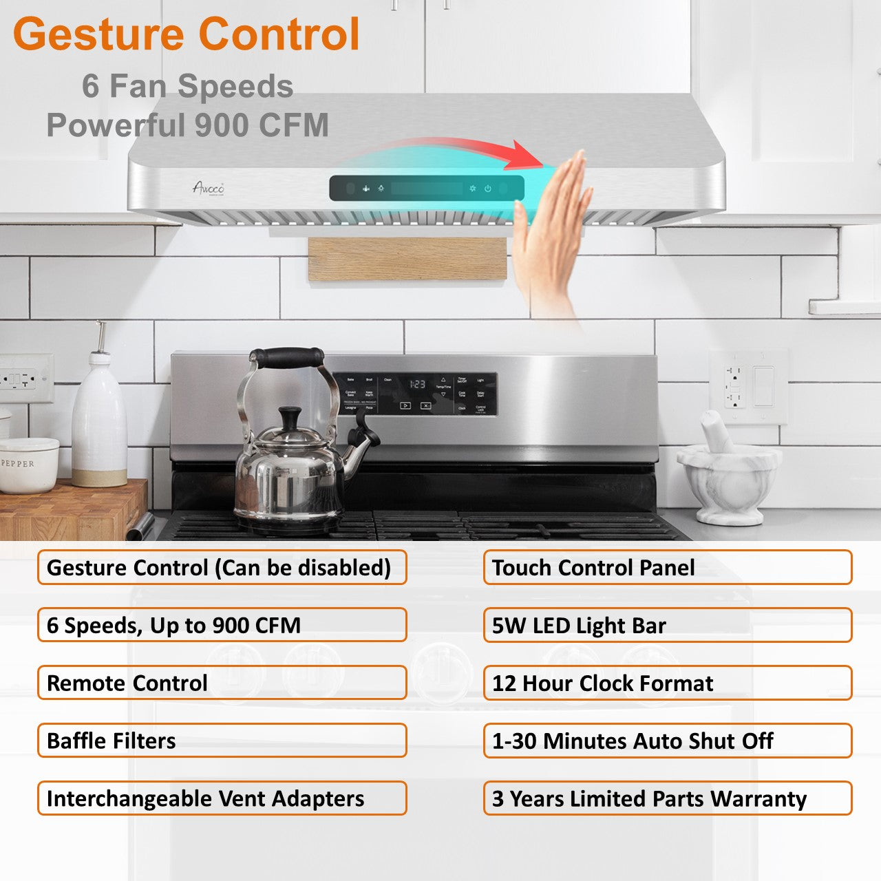 [Dent] Awoco RH-UC7 36” Under Cabinet 7” High Stainless Steel Black Range Hood, 6 Speeds with Gesture Sensing Touch Control
