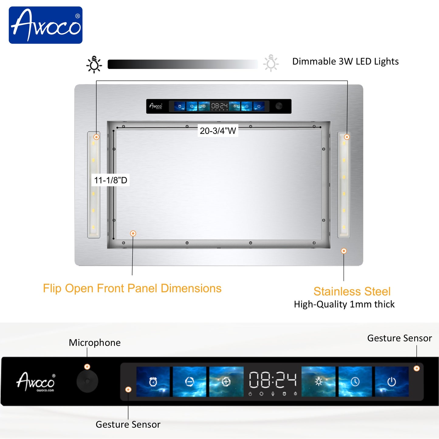 [Dent] Awoco AWC-RH-IT06-GV36 Flush Ceiling Mount Split Insert Range Hood with Voice, Gesture, Touch, Remote Controls, 4-Speed 800 CFM Stainless Steel Hood with 6” Round Vent LED Lights