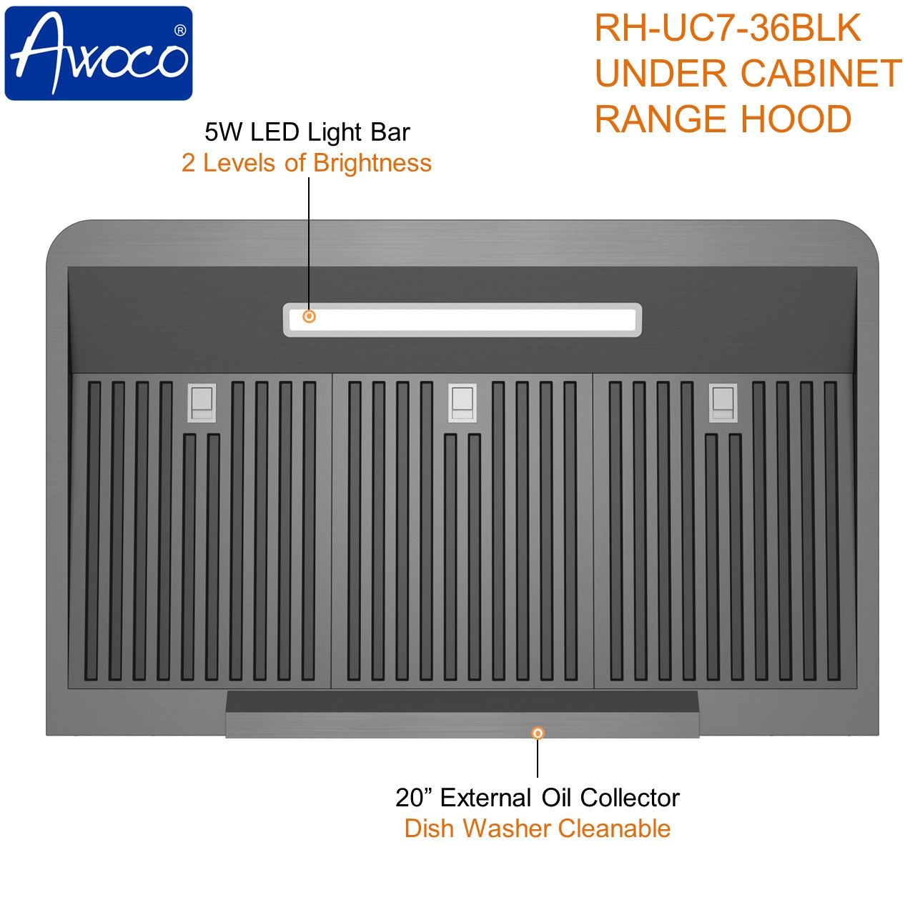 [Dent] Awoco RH-UC7 36” Under Cabinet 7” High Stainless Steel Black Range Hood, 6 Speeds with Gesture Sensing Touch Control
