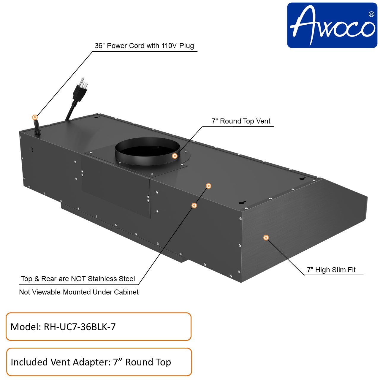 [Dent] Awoco RH-UC7 36” Under Cabinet 7” High Stainless Steel Black Range Hood, 6 Speeds with Gesture Sensing Touch Control