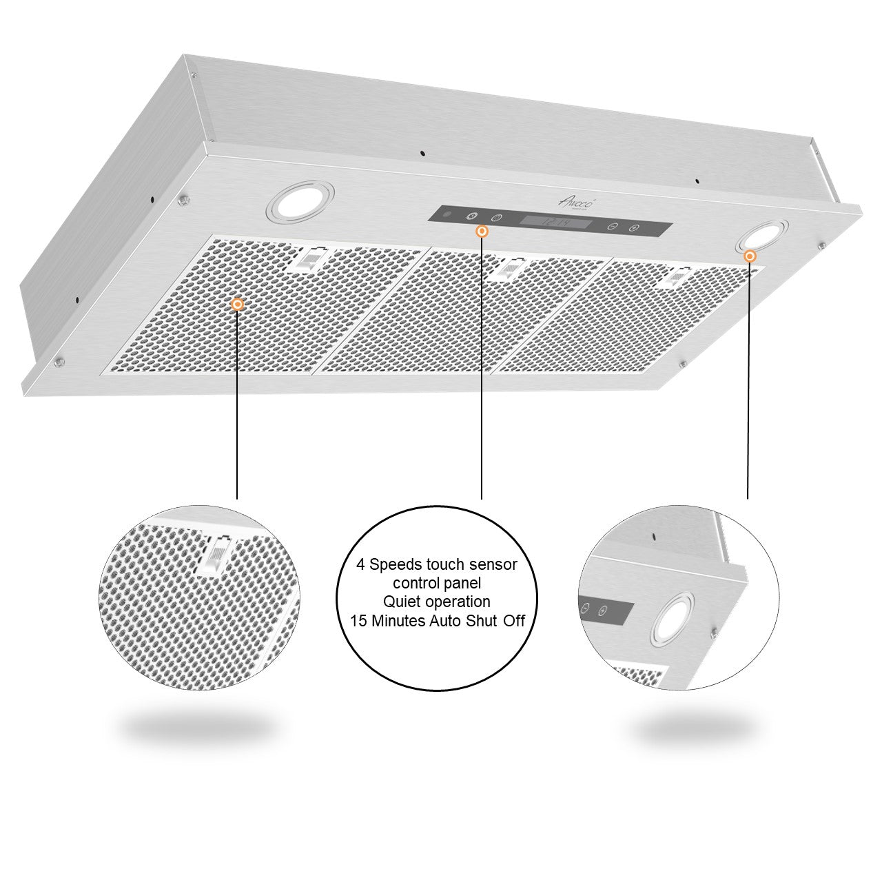 [Used] Awoco RH-IT06-R36 Ceiling Mount 14-1/2”D Super Quiet Split Stainless Steel Range Hood, 4-Speed, 800 CFM, Mesh Filters, Remote Control with 6” Blower