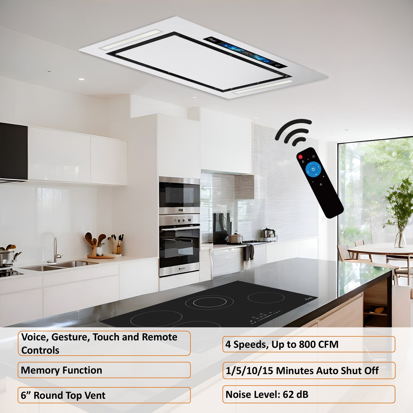 [Dent] Awoco AWC-RH-IT06-GV36 Flush Ceiling Mount Split Insert Range Hood with Voice, Gesture, Touch, Remote Controls, 4-Speed 800 CFM Stainless Steel Hood with 6” Round Vent LED Lights