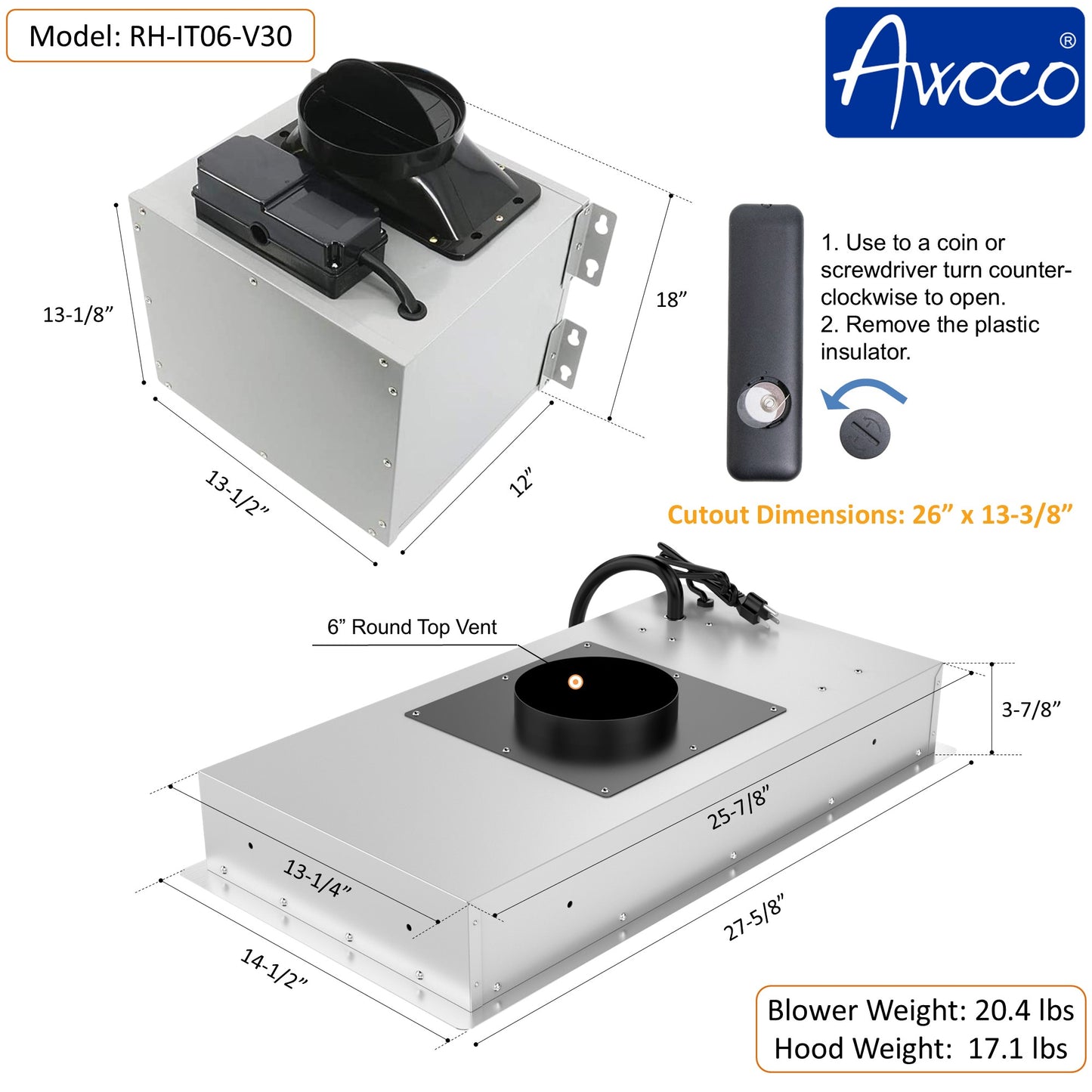 [Dent] Awoco RH-IT06-V30 Ceiling Insert Mount Split Quiet Range Hood with Voice, Gesture, Touch, Remote Control, 800 CFM Kitchen Hood with 4-Speed Exhaust Fan, Stainless Steel Stove Hood with 6" Blower, LED Lights
