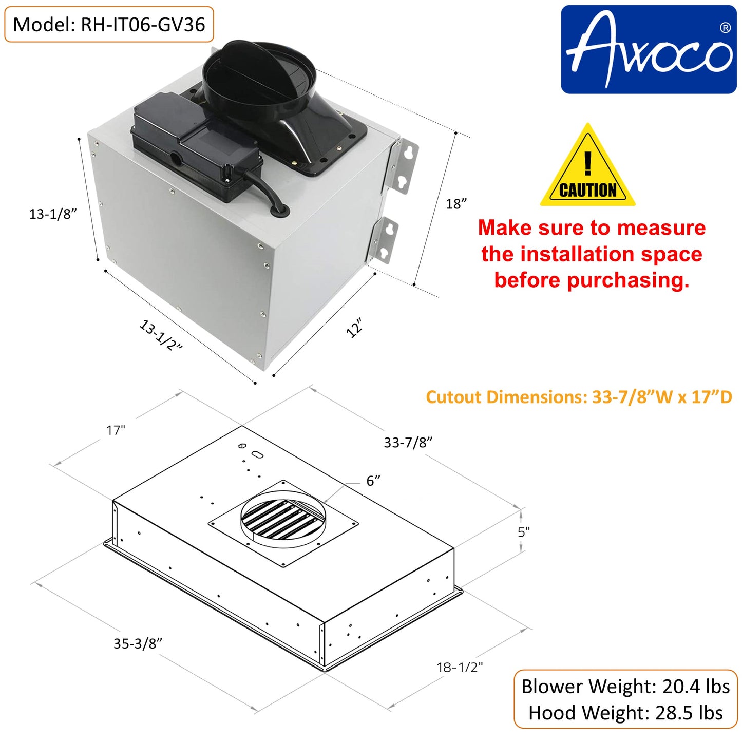 [Dent] Awoco AWC-RH-IT06-GV36 Flush Ceiling Mount Split Insert Range Hood with Voice, Gesture, Touch, Remote Controls, 4-Speed 800 CFM Stainless Steel Hood with 6” Round Vent LED Lights