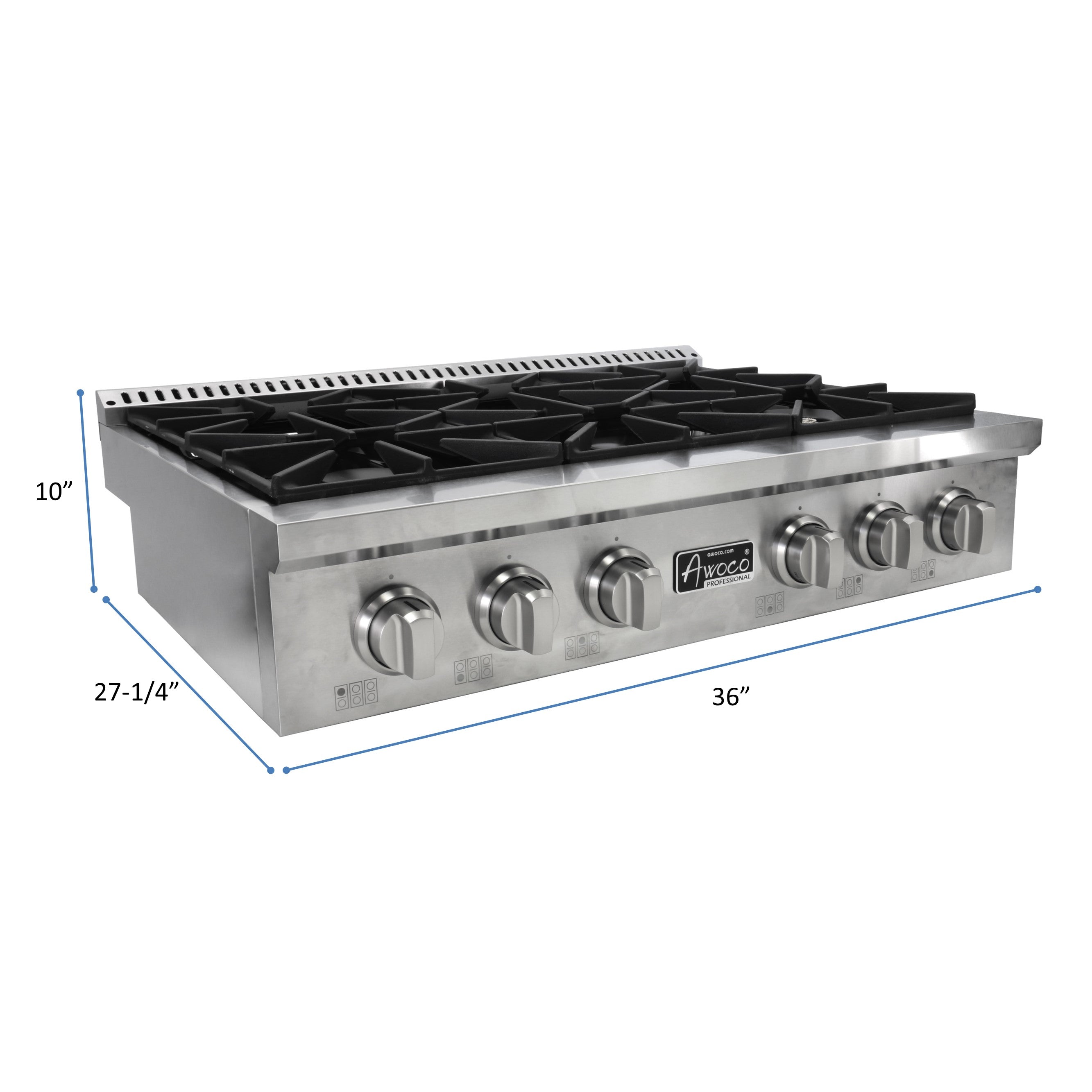 Awoco 36” Professional Stainless Steel NG/LPG Convertible Gas Rangetop With 6 Sealed Burners, Heavy Duty Cast Iron Grates