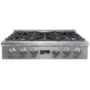 Awoco 36” Professional Stainless Steel NG/LPG Convertible Gas Rangetop With 6 Sealed Burners, Heavy Duty Cast Iron Grates