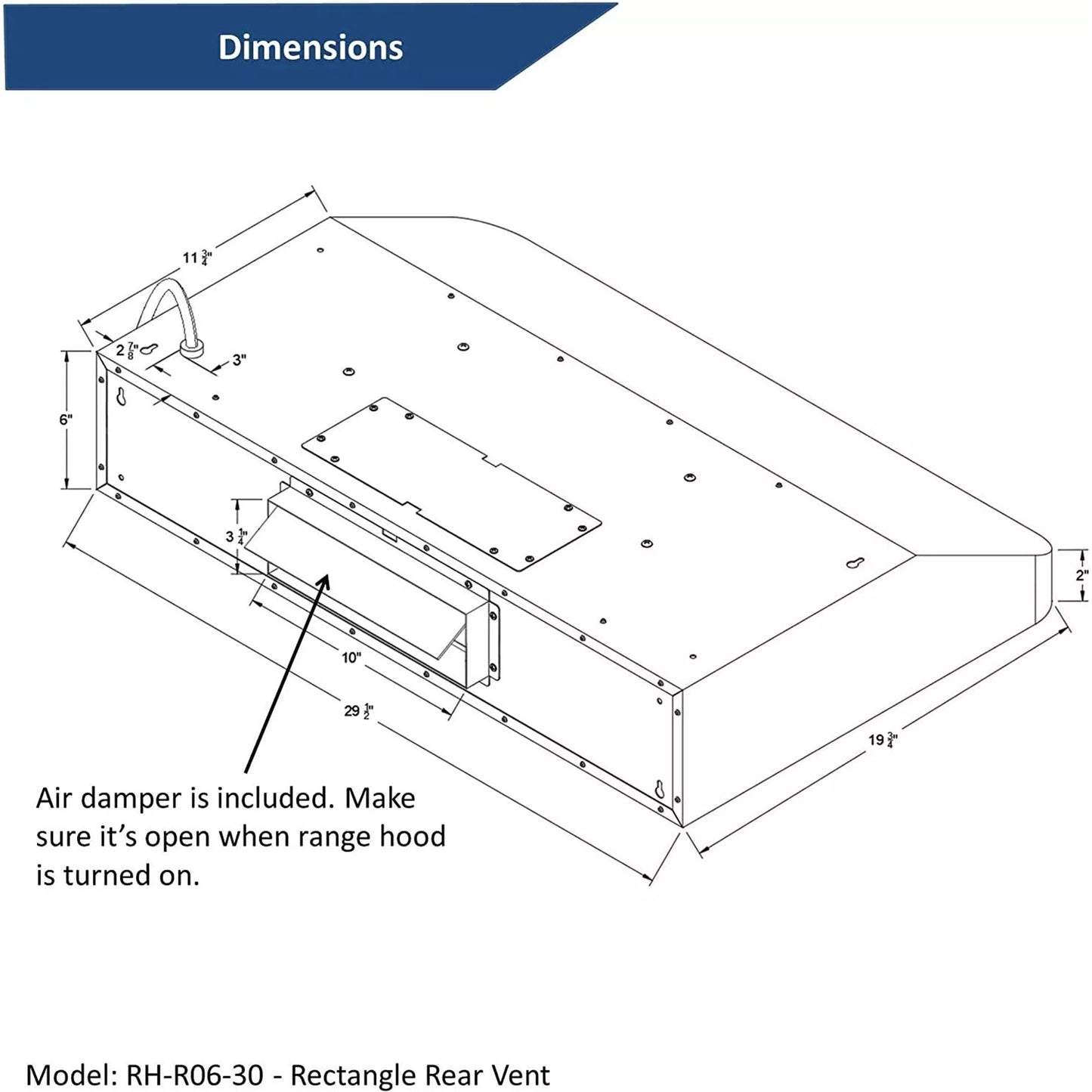 [Dent] Awoco RH-R06-30 Rectangle Vent 6" High Stainless Steel Under Cabinet 4 Speeds 900CFM Range Hood with LED Lights (30"W Rectangle Vent)